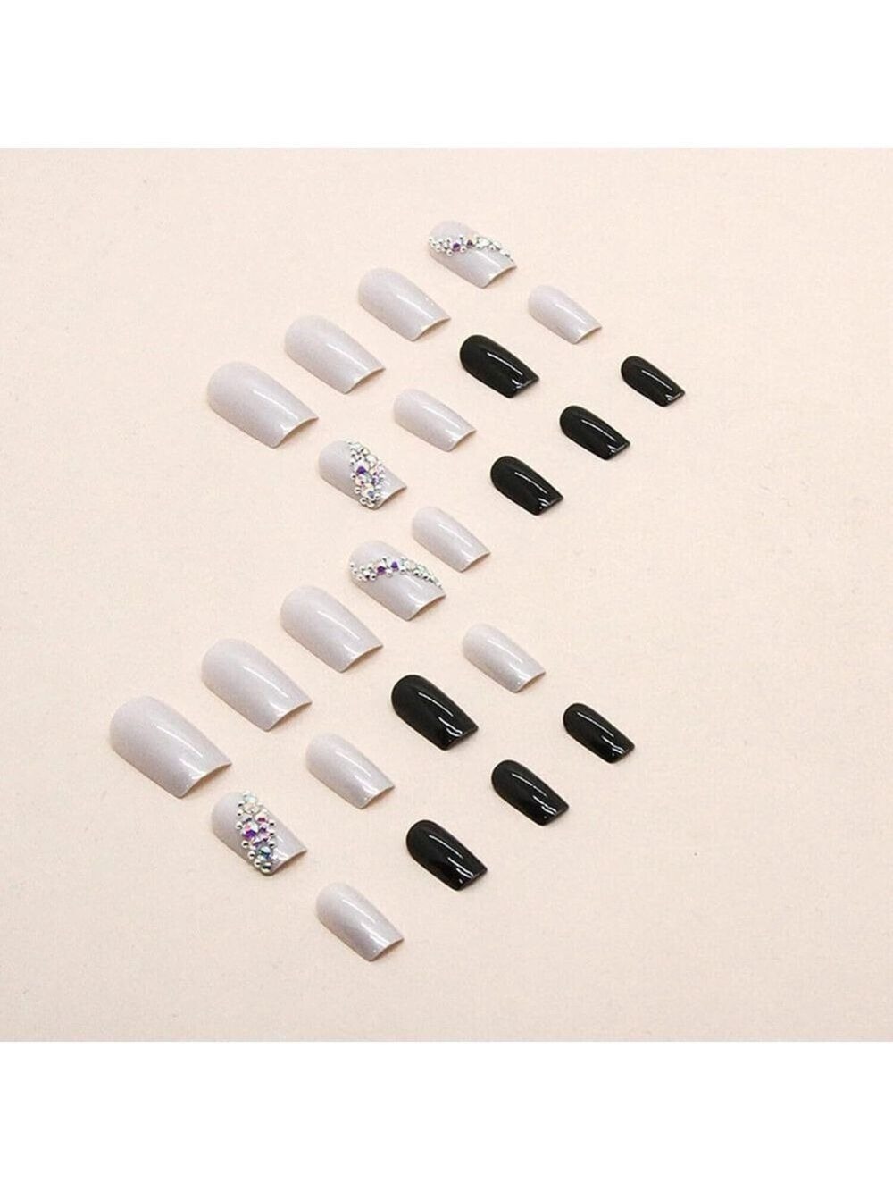 24 Pieces Black White Acrylic Nails with Rhinestone Press-On Nails